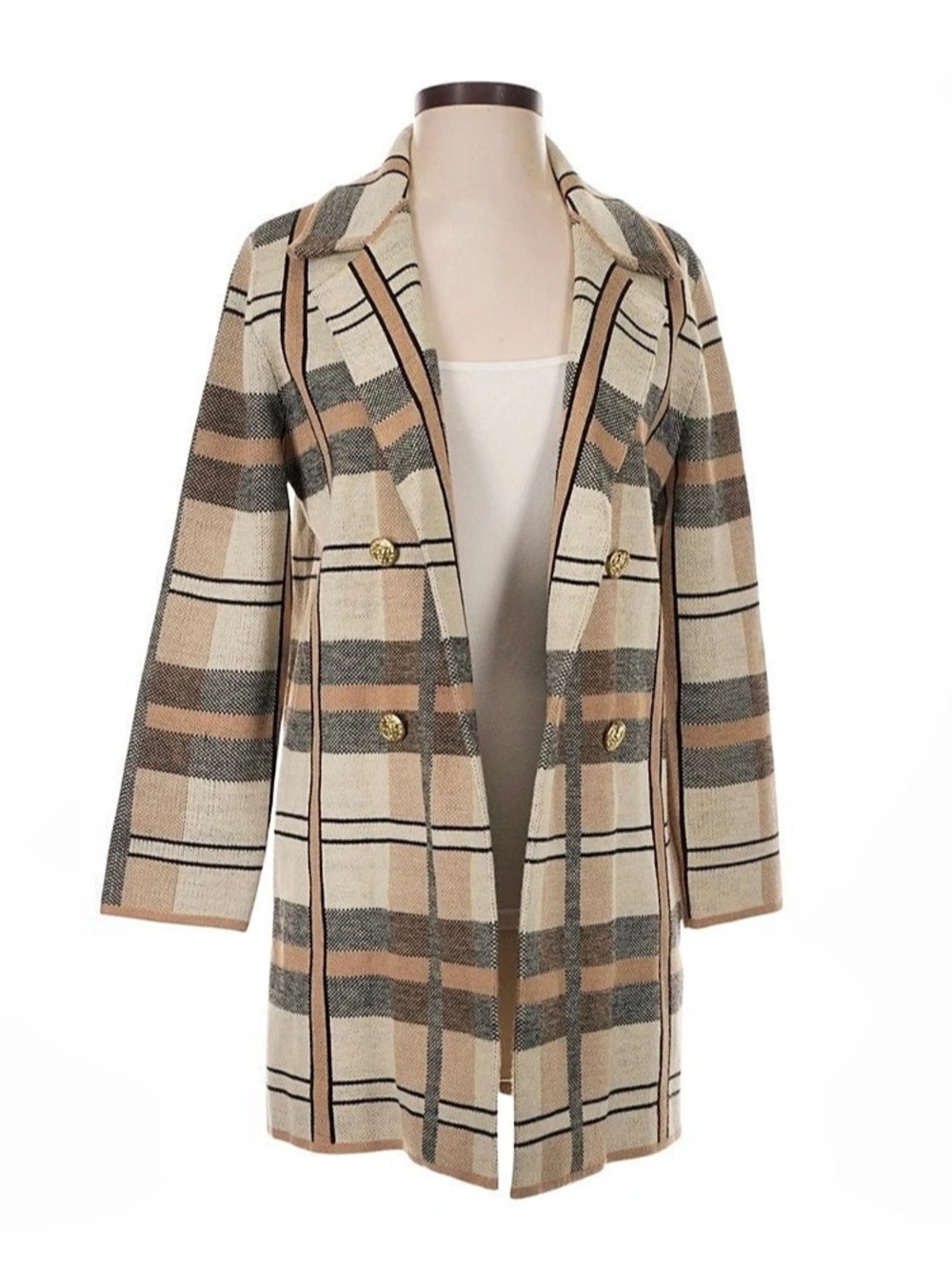 Anne Klein Plaid Long Coat in Brown & Beige Like New